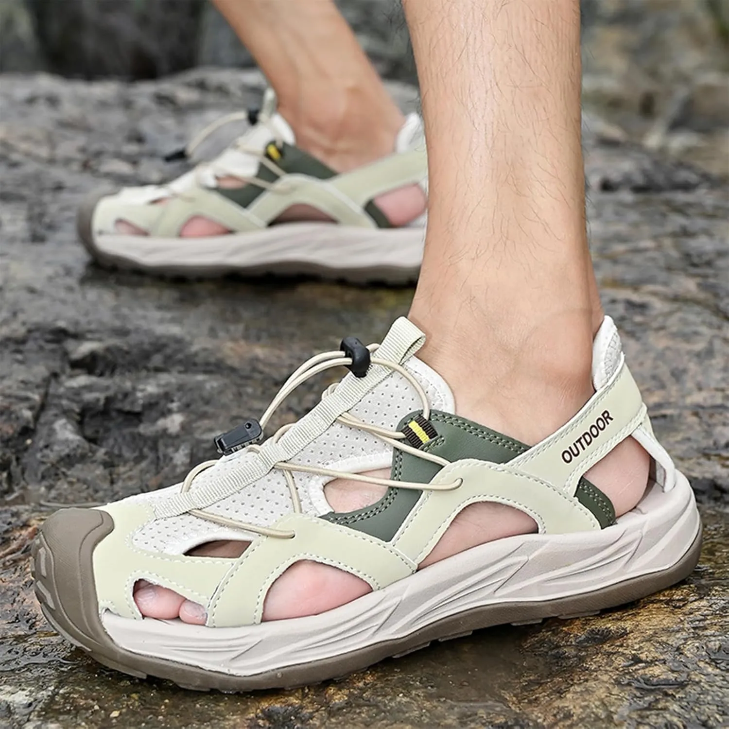 Men's Leather Closed Toe Sport Sandals Adjustable Outdoor Hiking Athletic Waterproof Arch Support Walking Sandals Summer Waterproof Beach Water Shoes