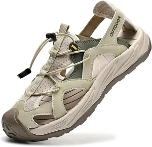 Men's Leather Closed Toe Sport Sandals Adjustable Outdoor Hiking Athletic Waterproof Arch Support Walking Sandals Summer Waterproof Beach Water Shoes