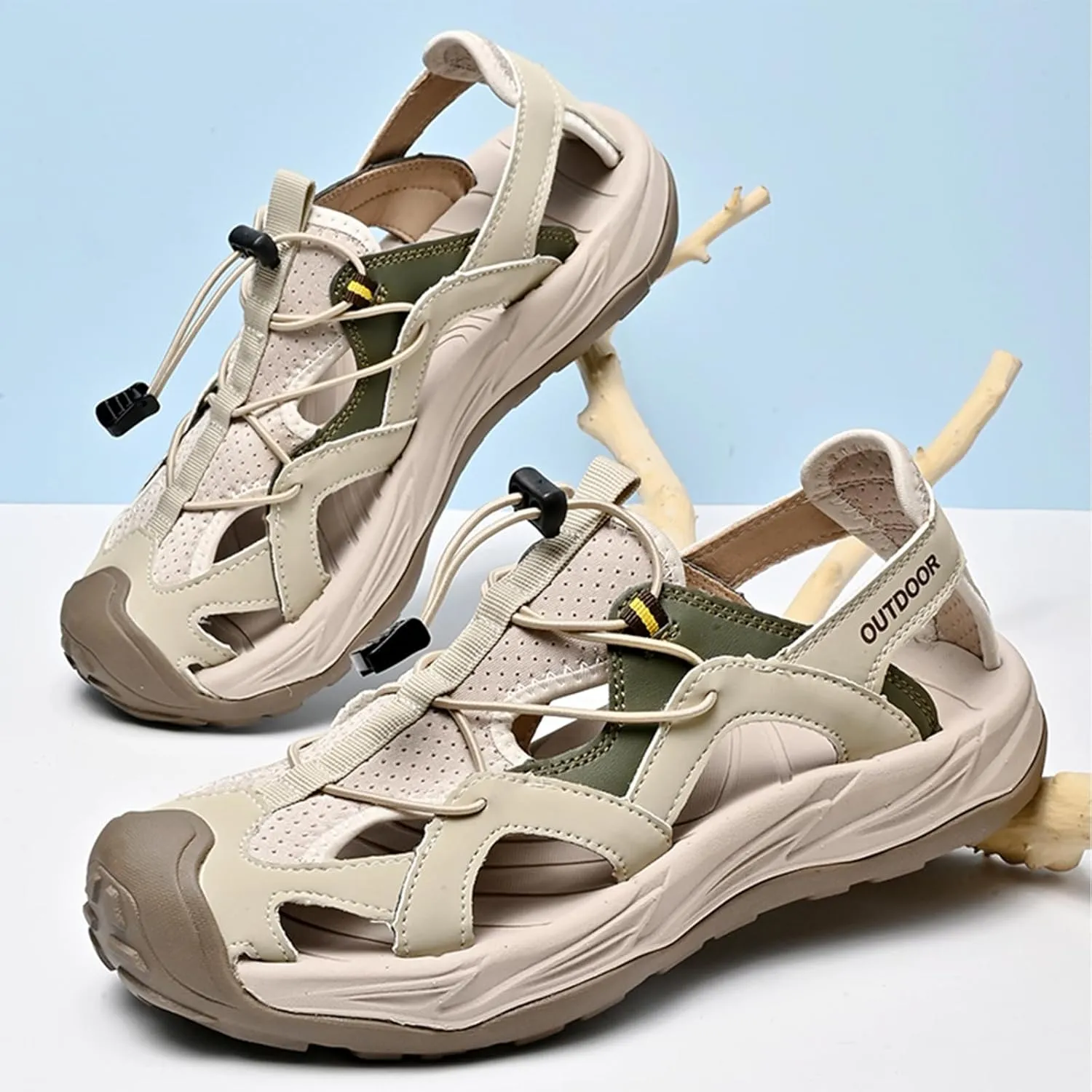 Men's Leather Closed Toe Sport Sandals Adjustable Outdoor Hiking Athletic Waterproof Arch Support Walking Sandals Summer Waterproof Beach Water Shoes