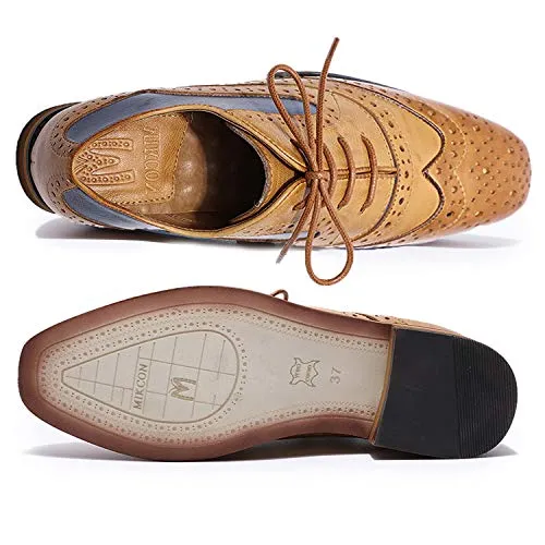MIKCON Womens Leather Oxfords Stylish Perforated Wingtips Brogues Flats lace-up Oxfords Shoes for Women Ladies Girls