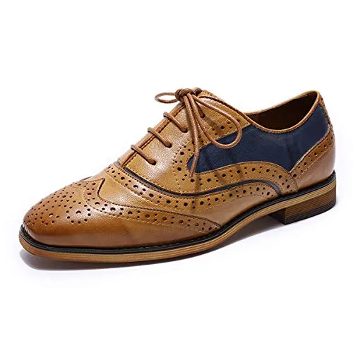 MIKCON Womens Leather Oxfords Stylish Perforated Wingtips Brogues Flats lace-up Oxfords Shoes for Women Ladies Girls