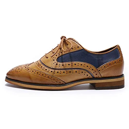 MIKCON Womens Leather Oxfords Stylish Perforated Wingtips Brogues Flats lace-up Oxfords Shoes for Women Ladies Girls