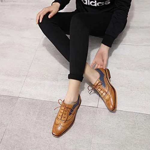 MIKCON Womens Leather Oxfords Stylish Perforated Wingtips Brogues Flats lace-up Oxfords Shoes for Women Ladies Girls