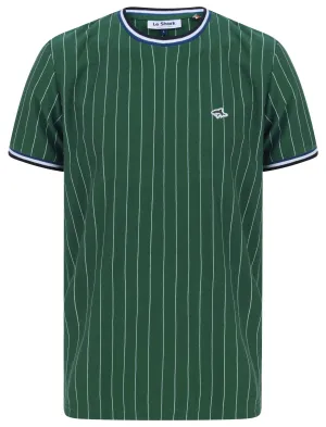 Montague Pinstripe Cotton Jersey T-Shirt with Ribbed Tipping in Hunter Green - Le Shark