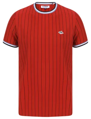 Montague Pinstripe Cotton Jersey T-Shirt with Ribbed Tipping in Scarlet Sage - Le Shark