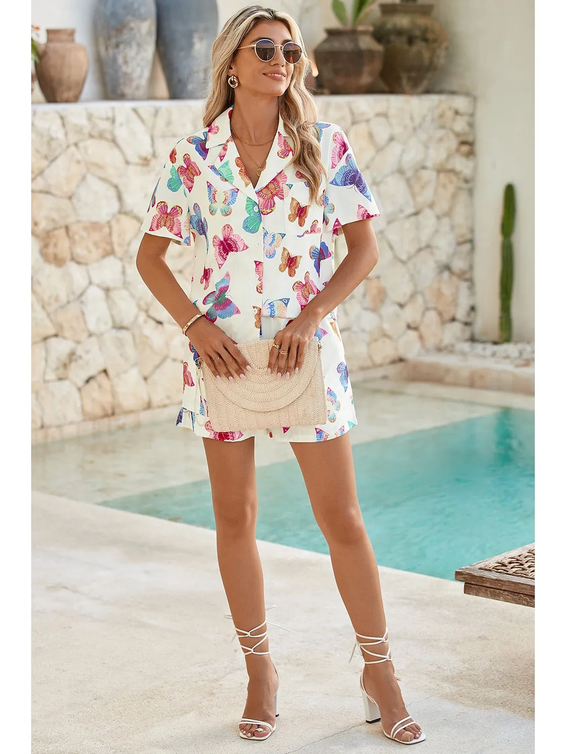 Multicolour Butterfly Print Button-up Shirt & Shorts Pajama Set