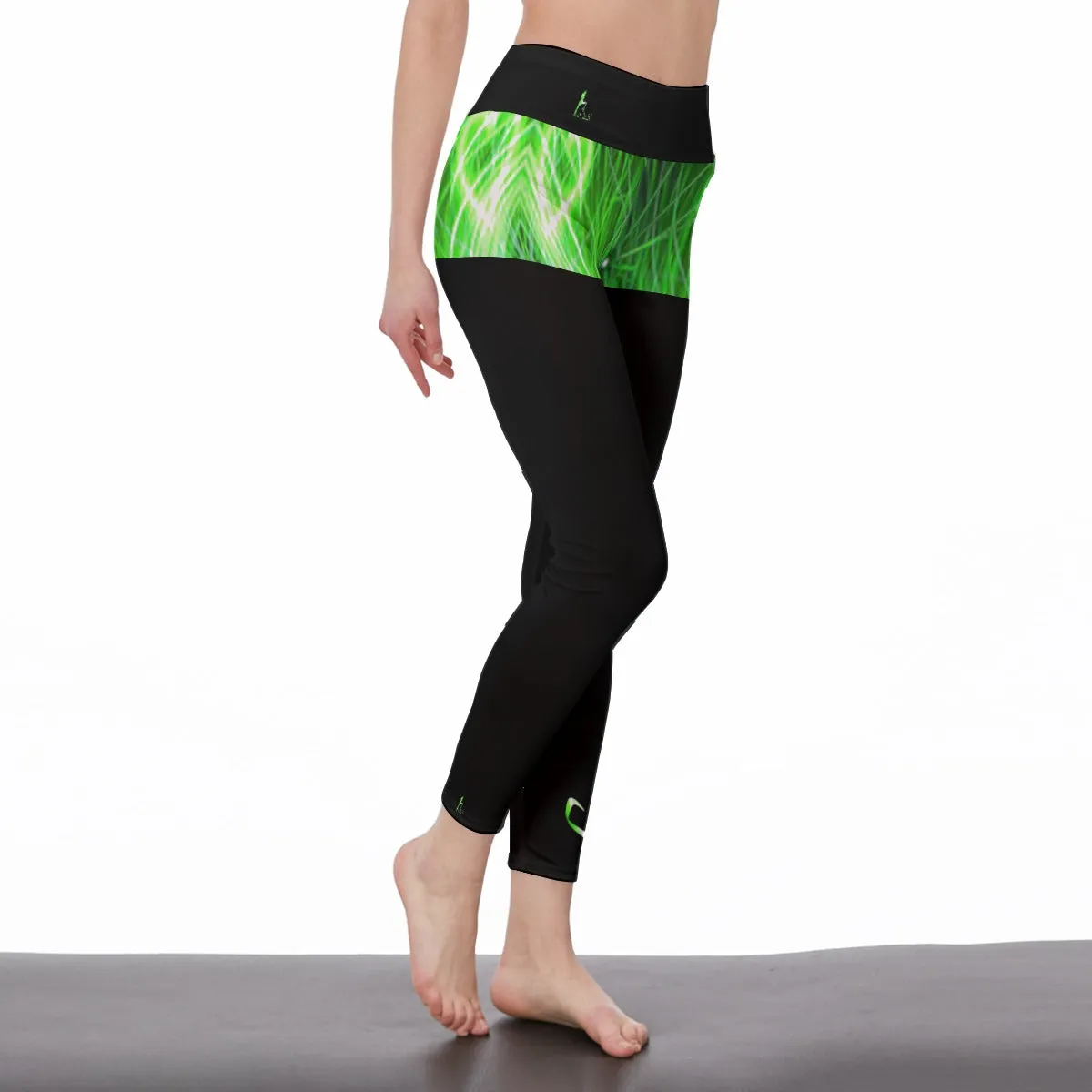 Officially Sexy Neon Green Laser Hearts Collection High Waist Black Booty Popper Leggings With Black Waistband