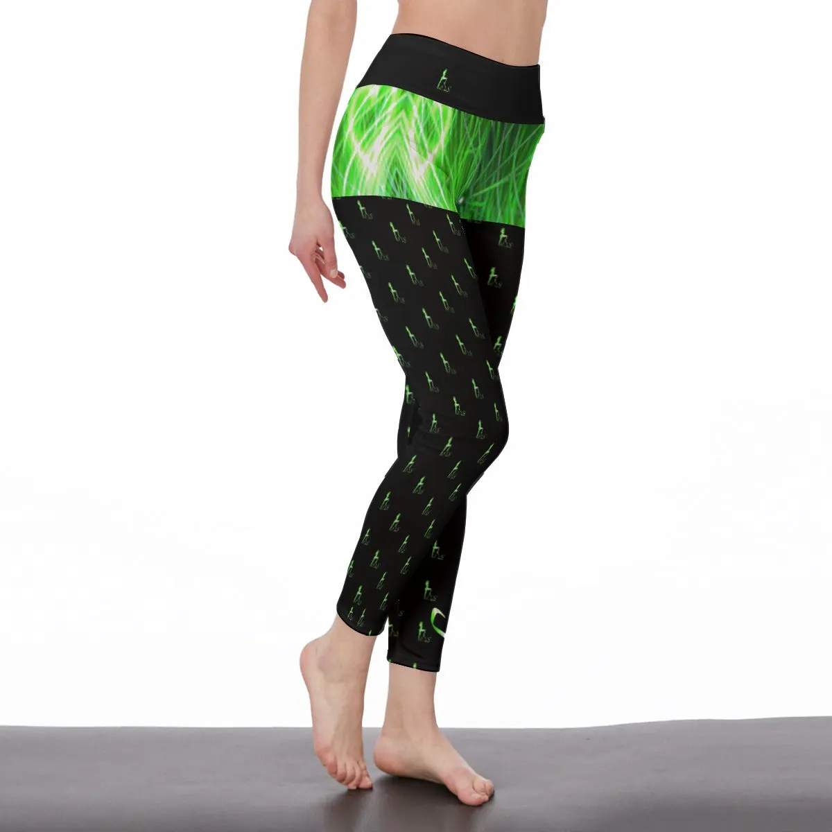 Officially Sexy Neon Green Laser Hearts High Waist Black Booty Popper Leggings With Repeated Logo On Legs