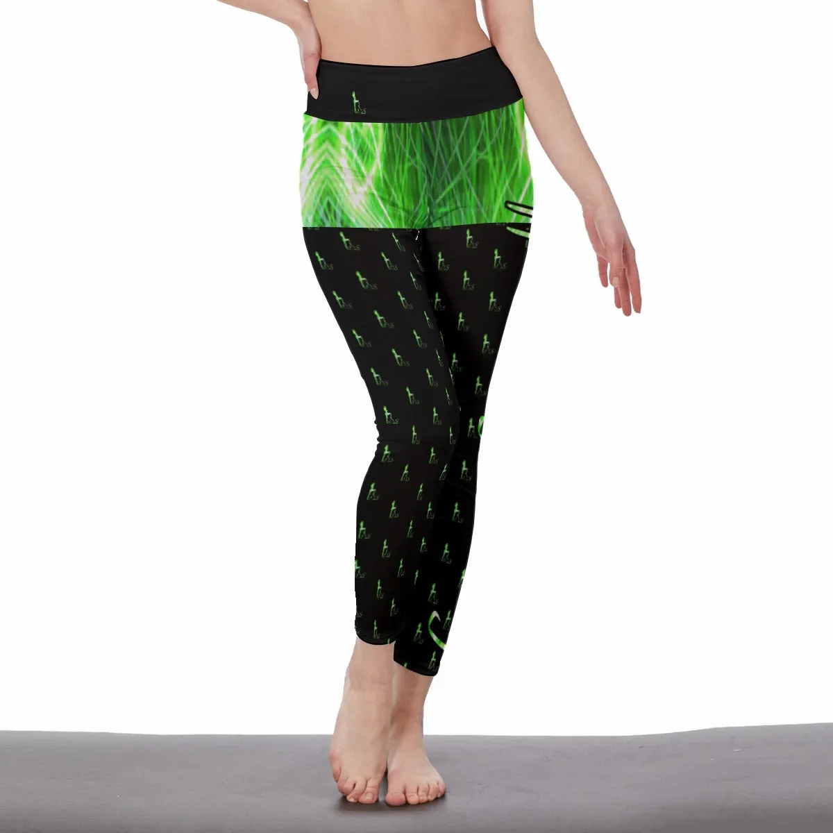 Officially Sexy Neon Green Laser Hearts High Waist Black Booty Popper Leggings With Repeated Logo On Legs