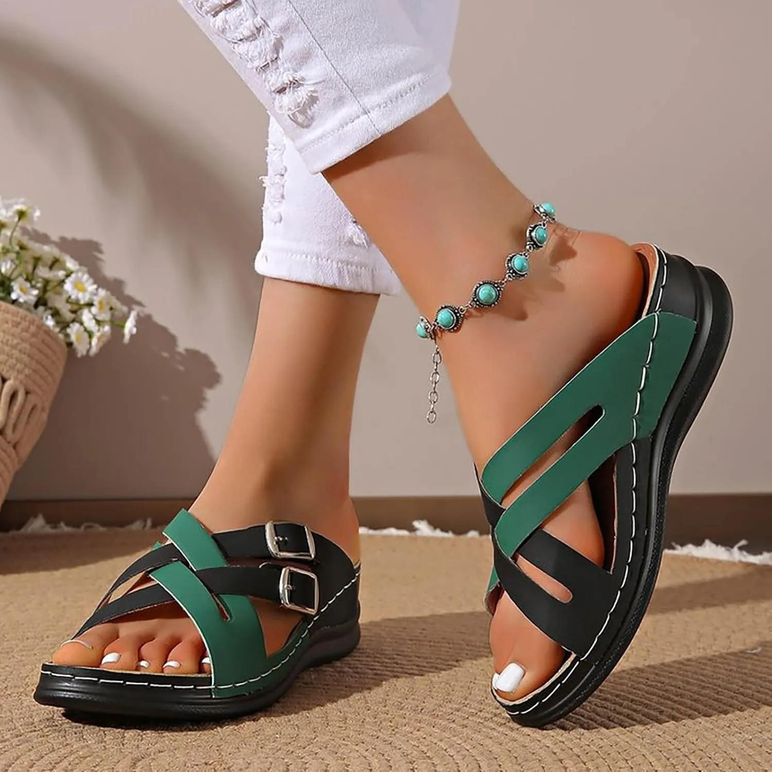 Orthopedic Sandals for Women Summer Comfortable Open Toe Crisscross Adjustable Straps Wedge Walking Shoes Casual Slip On Slippers Lightweight Dressy Low Heel Sandal with Arch Support