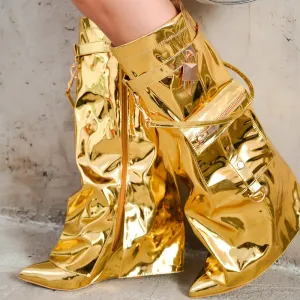 Pocket Overlay Mid-Calf Ankle Boots