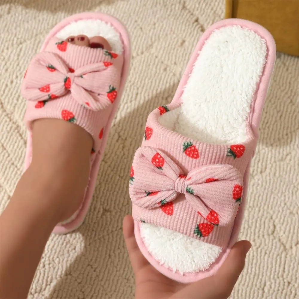 Premium Comfort Cute Bow Strawberry Women's Fuzzy House Slippers Indoor Soft Warm Kawaii Shoes Memory Foam Sole