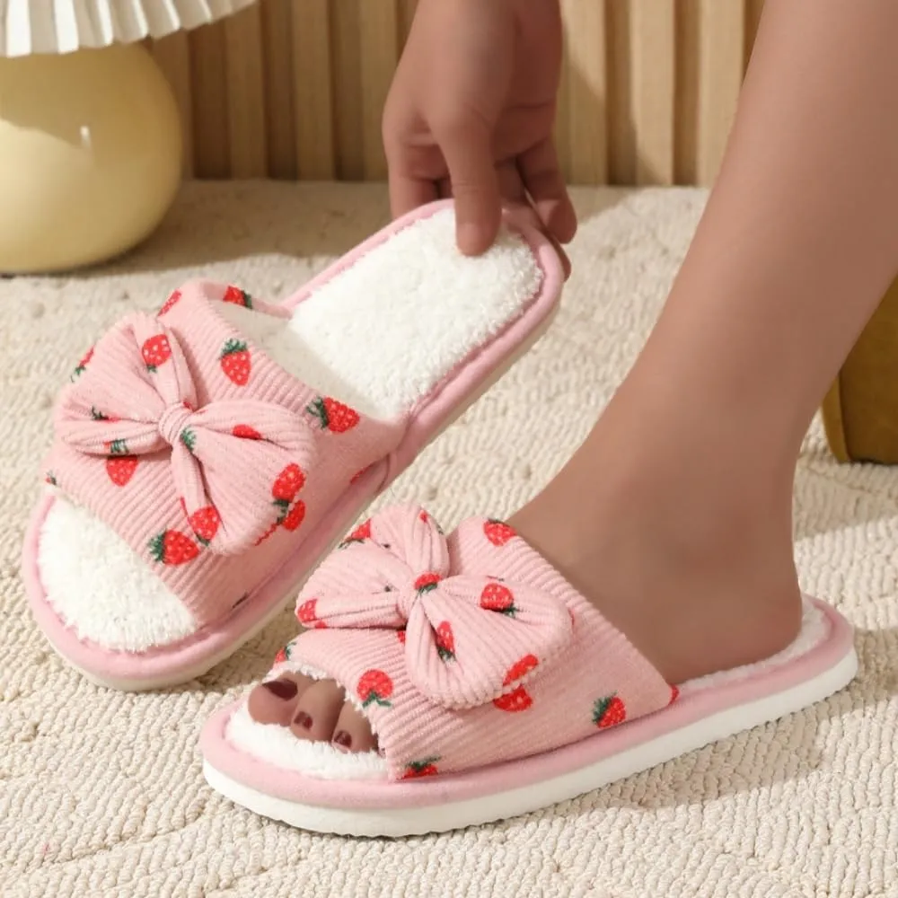 Premium Comfort Cute Bow Strawberry Women's Fuzzy House Slippers Indoor Soft Warm Kawaii Shoes Memory Foam Sole
