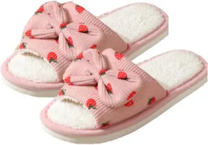 Premium Comfort Cute Bow Strawberry Women's Fuzzy House Slippers Indoor Soft Warm Kawaii Shoes Memory Foam Sole