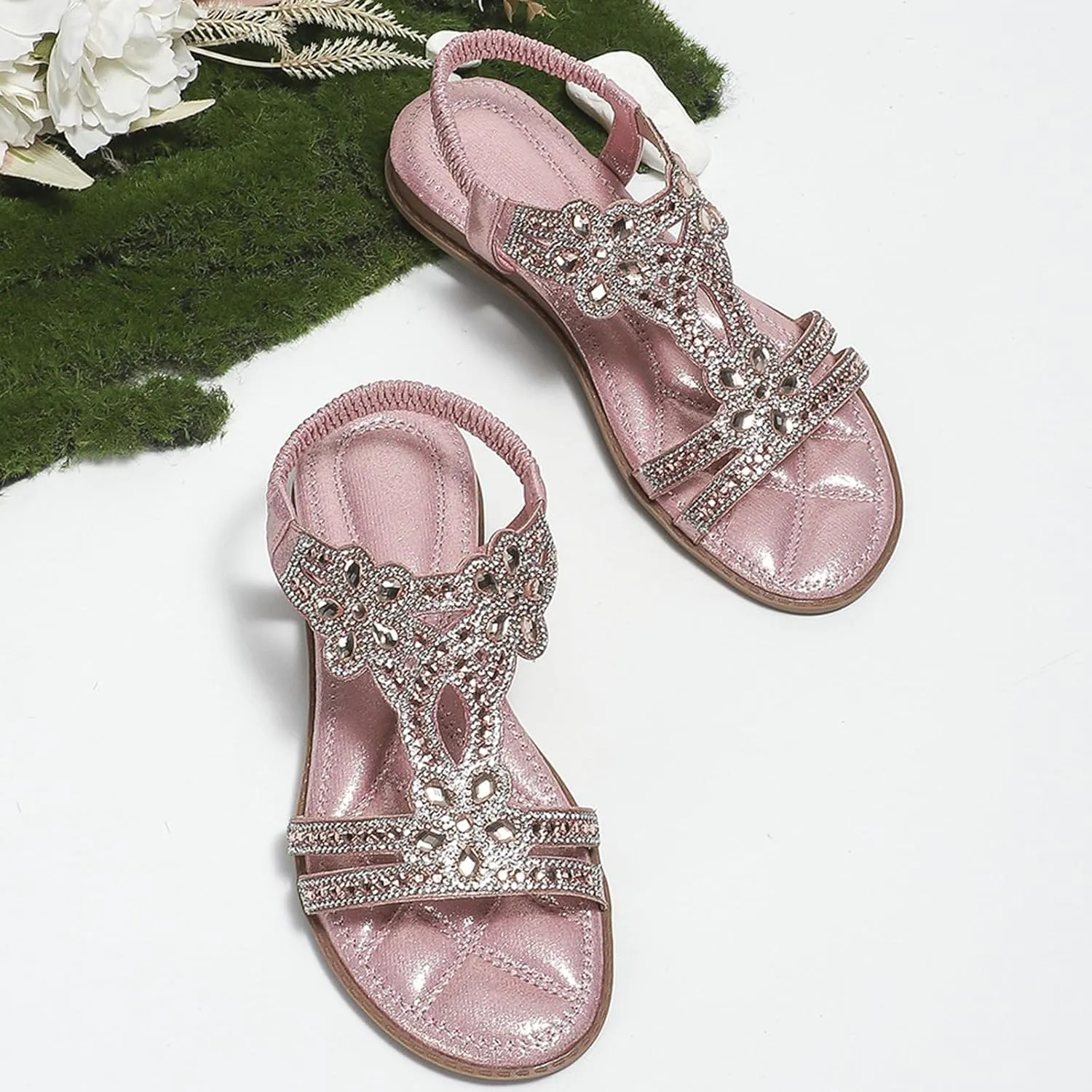 Rhinestone Sandals for Women T-Strap Bohemian Pearl Crystal Flat Sandals, Ankle Strap Comfort Walking Shoes Slip on Casual Summer Beach Dress Shoes