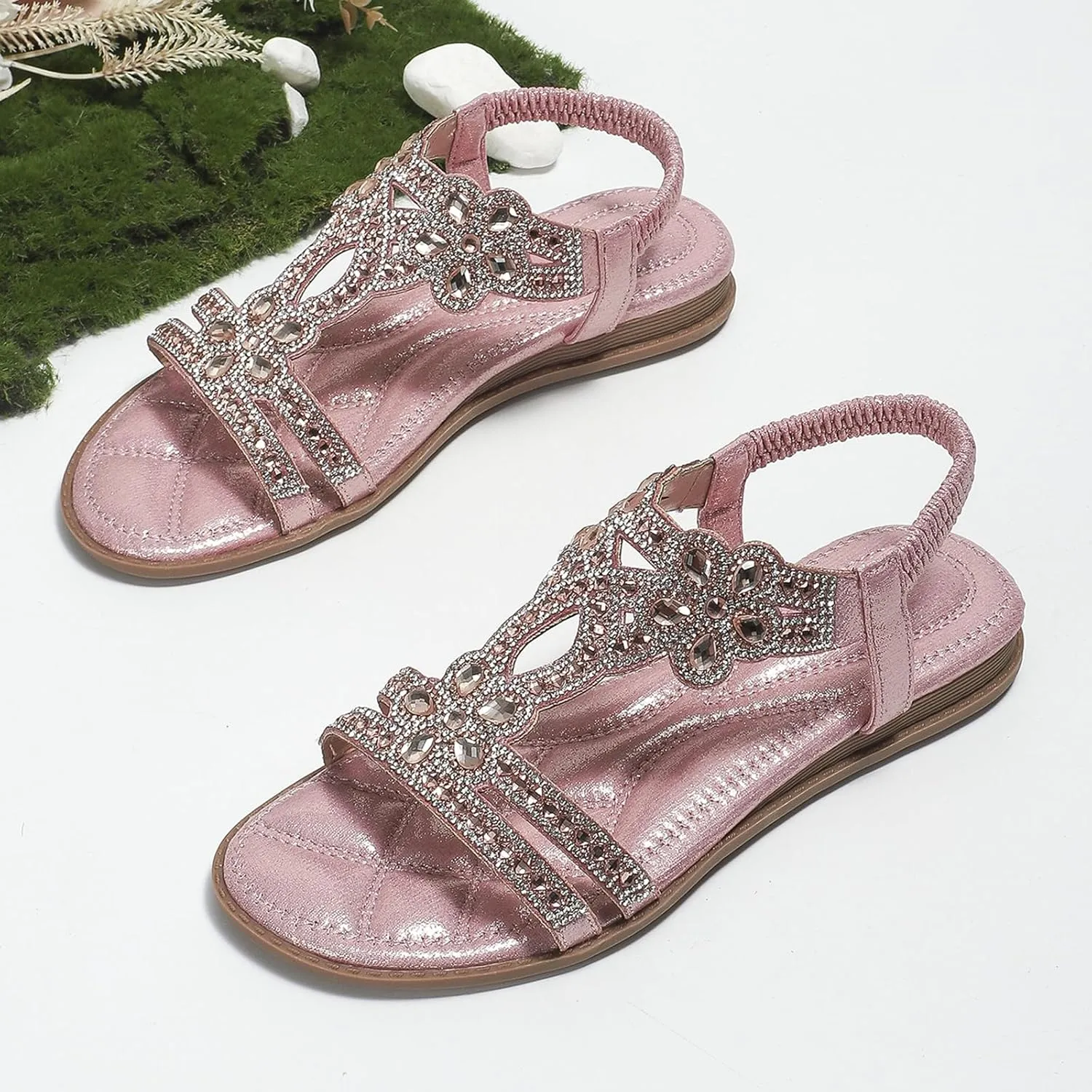 Rhinestone Sandals for Women T-Strap Bohemian Pearl Crystal Flat Sandals, Ankle Strap Comfort Walking Shoes Slip on Casual Summer Beach Dress Shoes