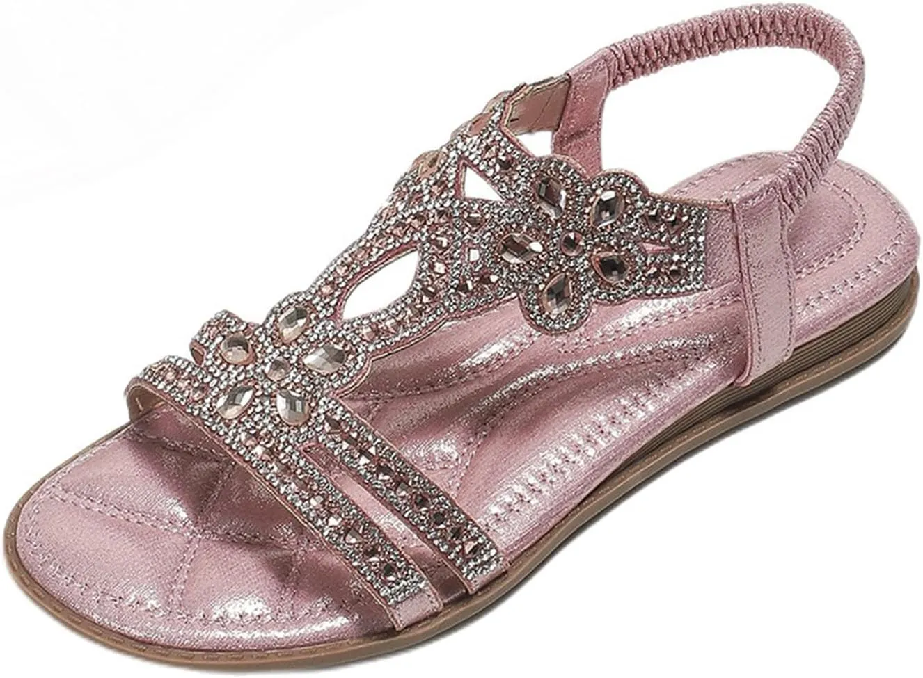 Rhinestone Sandals for Women T-Strap Bohemian Pearl Crystal Flat Sandals, Ankle Strap Comfort Walking Shoes Slip on Casual Summer Beach Dress Shoes