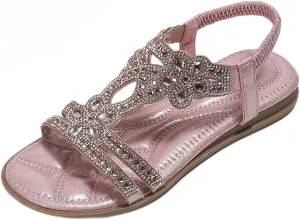 Rhinestone Sandals for Women T-Strap Bohemian Pearl Crystal Flat Sandals, Ankle Strap Comfort Walking Shoes Slip on Casual Summer Beach Dress Shoes
