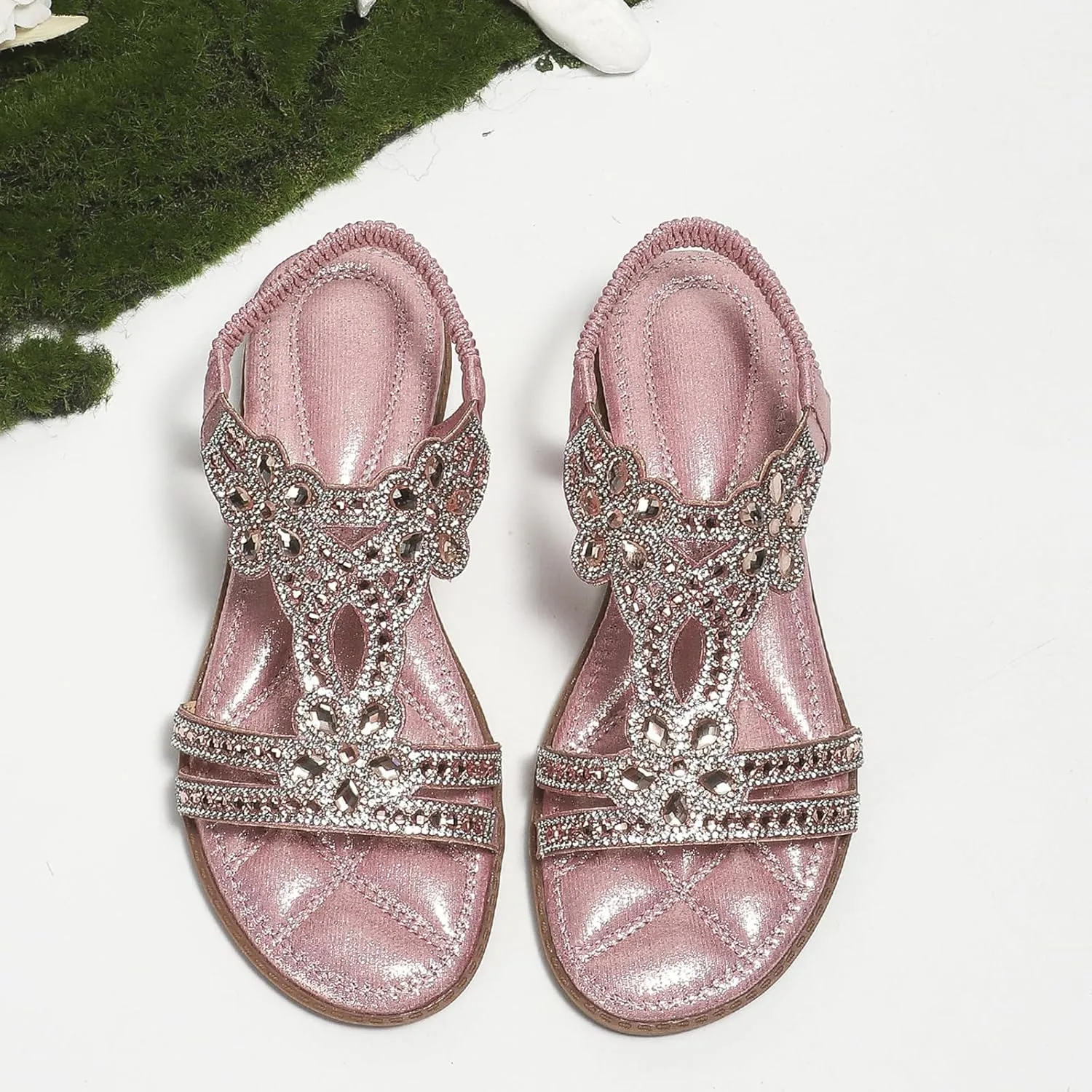 Rhinestone Sandals for Women T-Strap Bohemian Pearl Crystal Flat Sandals, Ankle Strap Comfort Walking Shoes Slip on Casual Summer Beach Dress Shoes