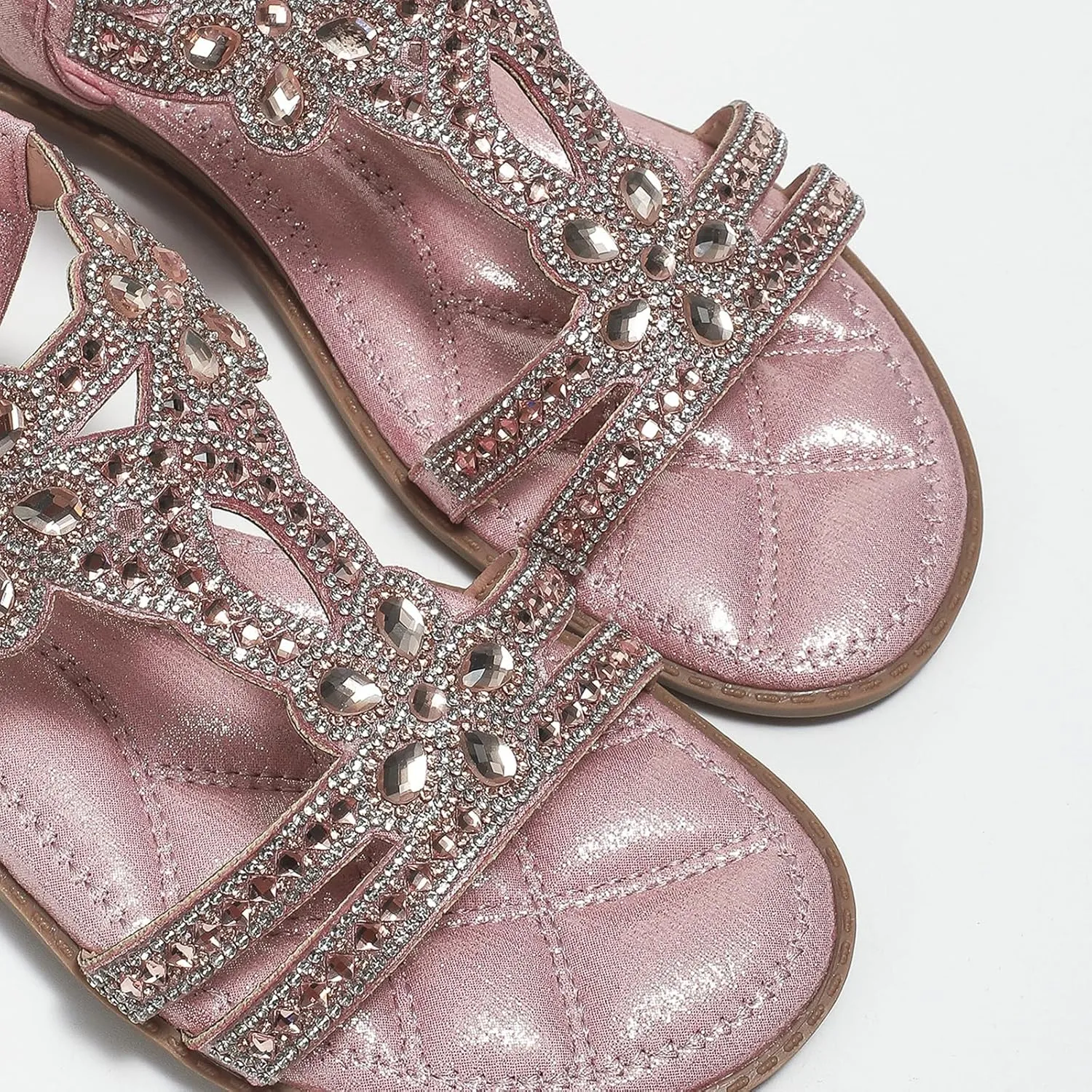 Rhinestone Sandals for Women T-Strap Bohemian Pearl Crystal Flat Sandals, Ankle Strap Comfort Walking Shoes Slip on Casual Summer Beach Dress Shoes