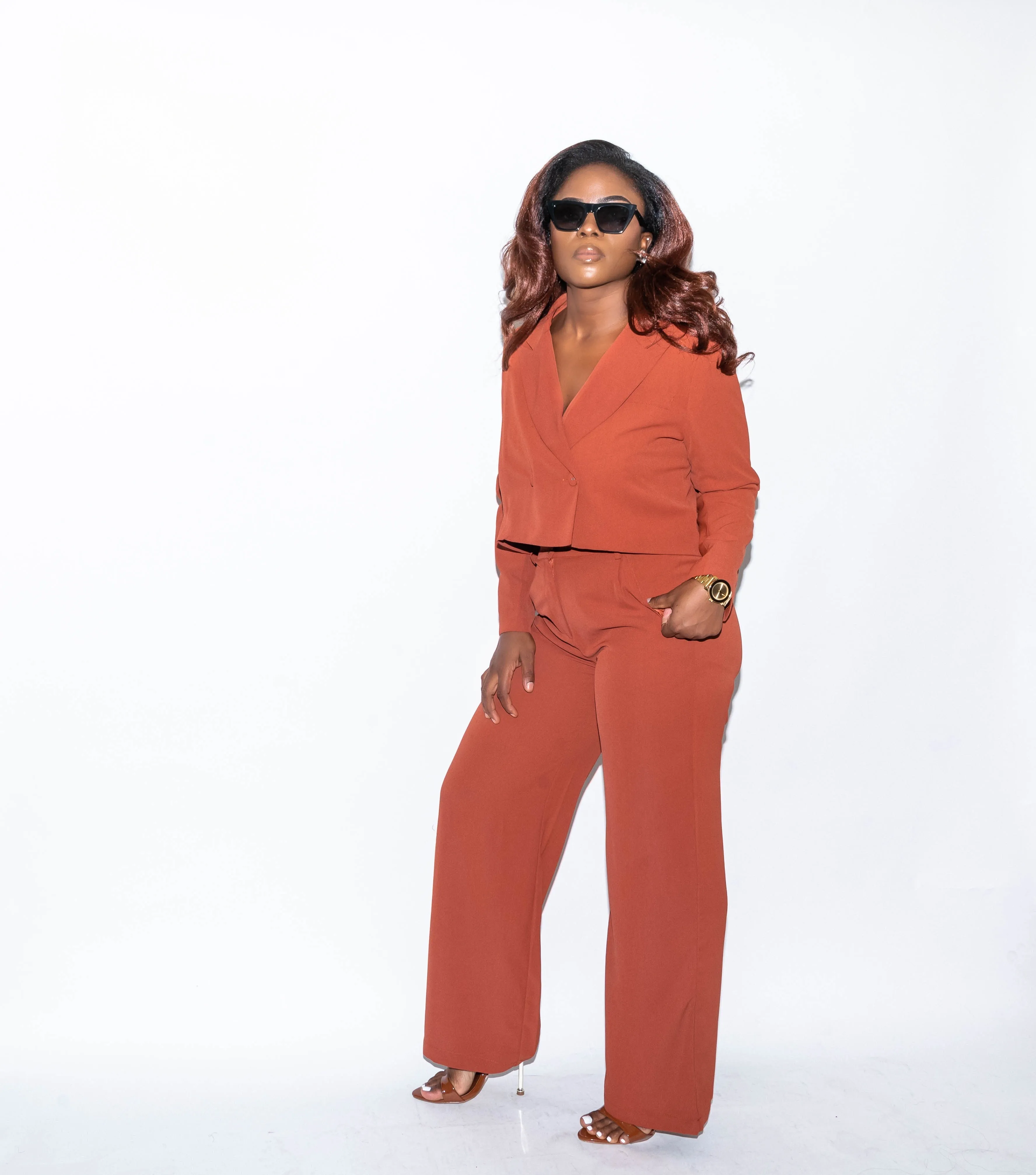 Rust Cropped Blazer Suit Set