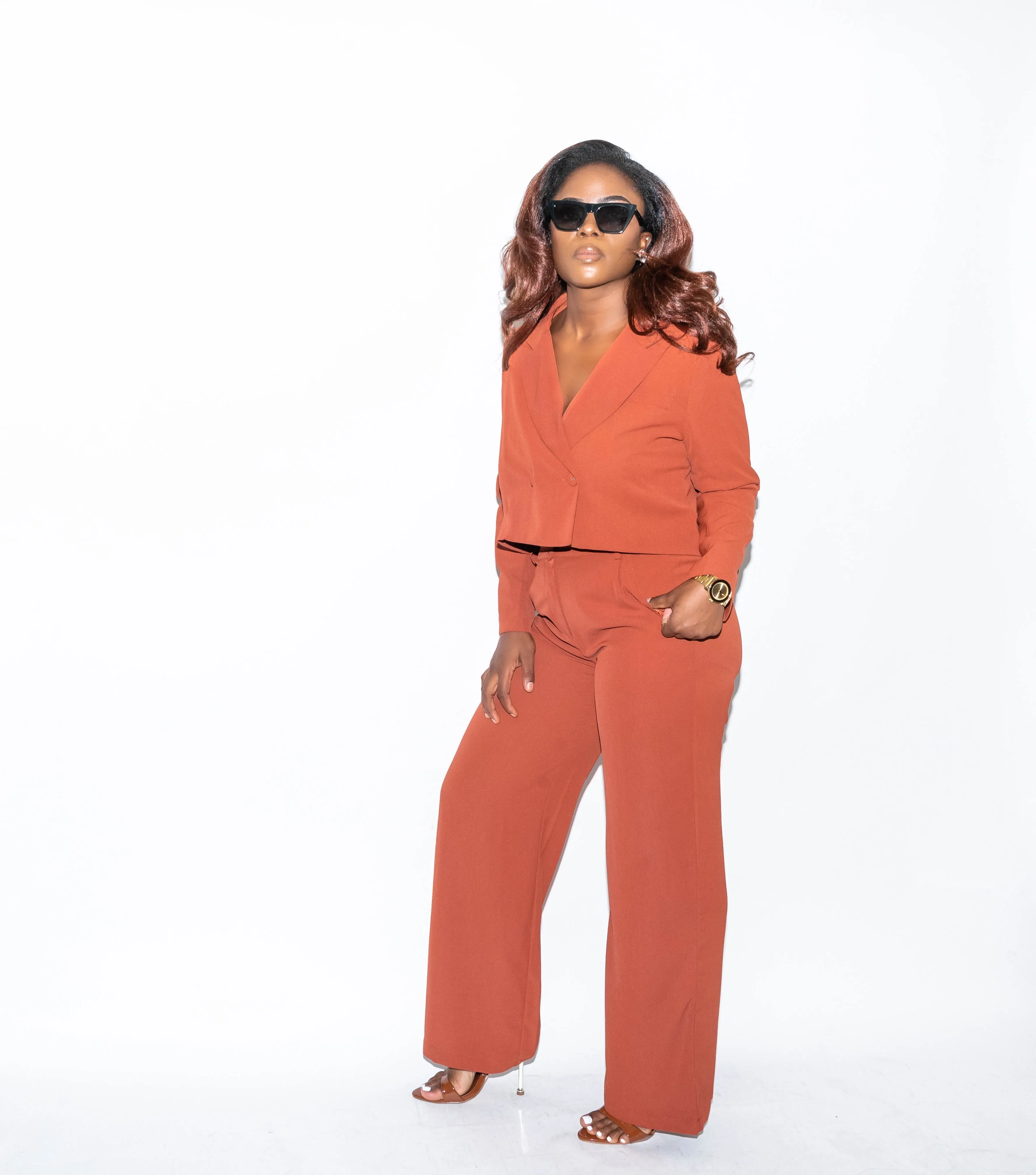 Rust Cropped Blazer Suit Set