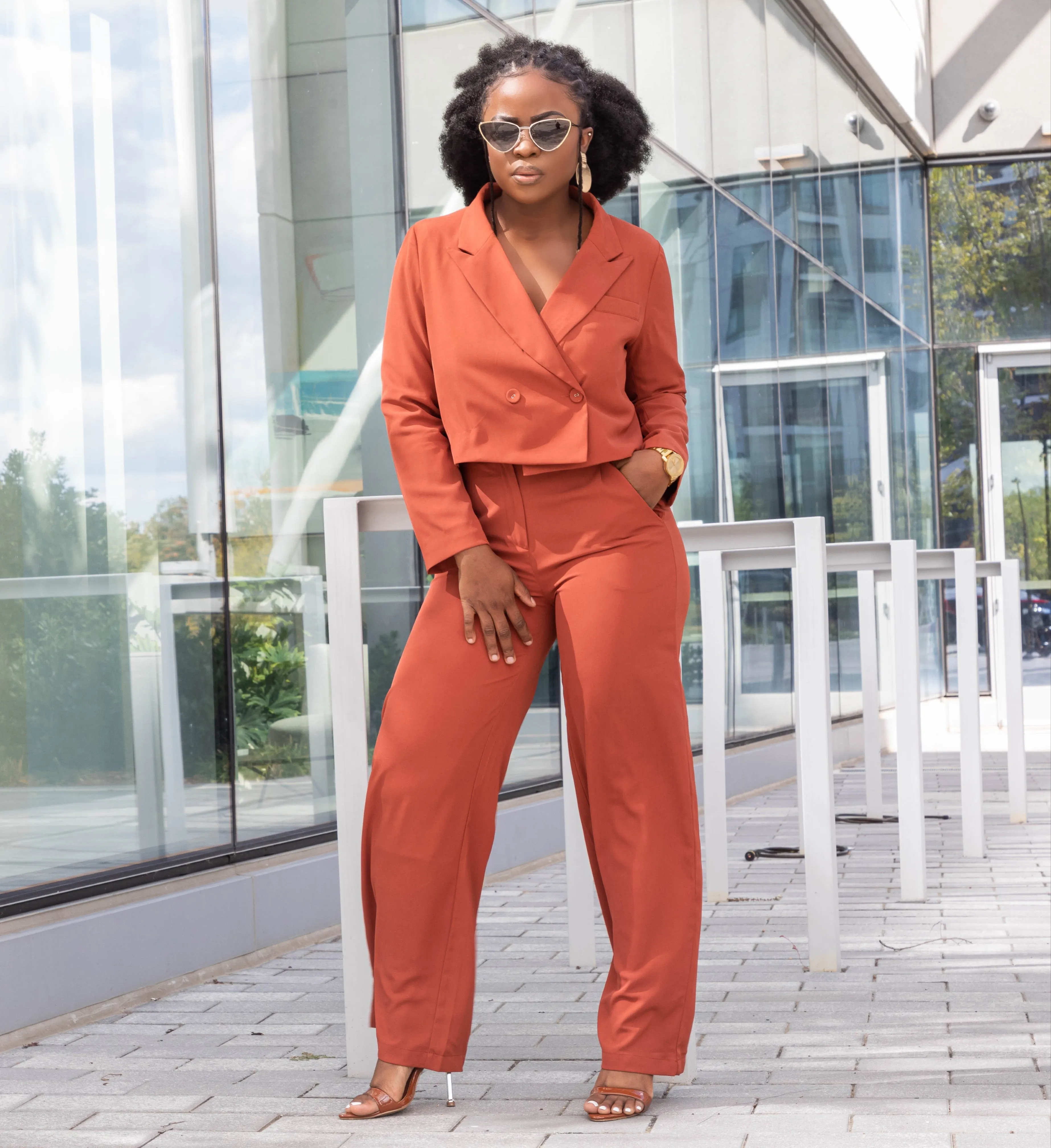 Rust Cropped Blazer Suit Set
