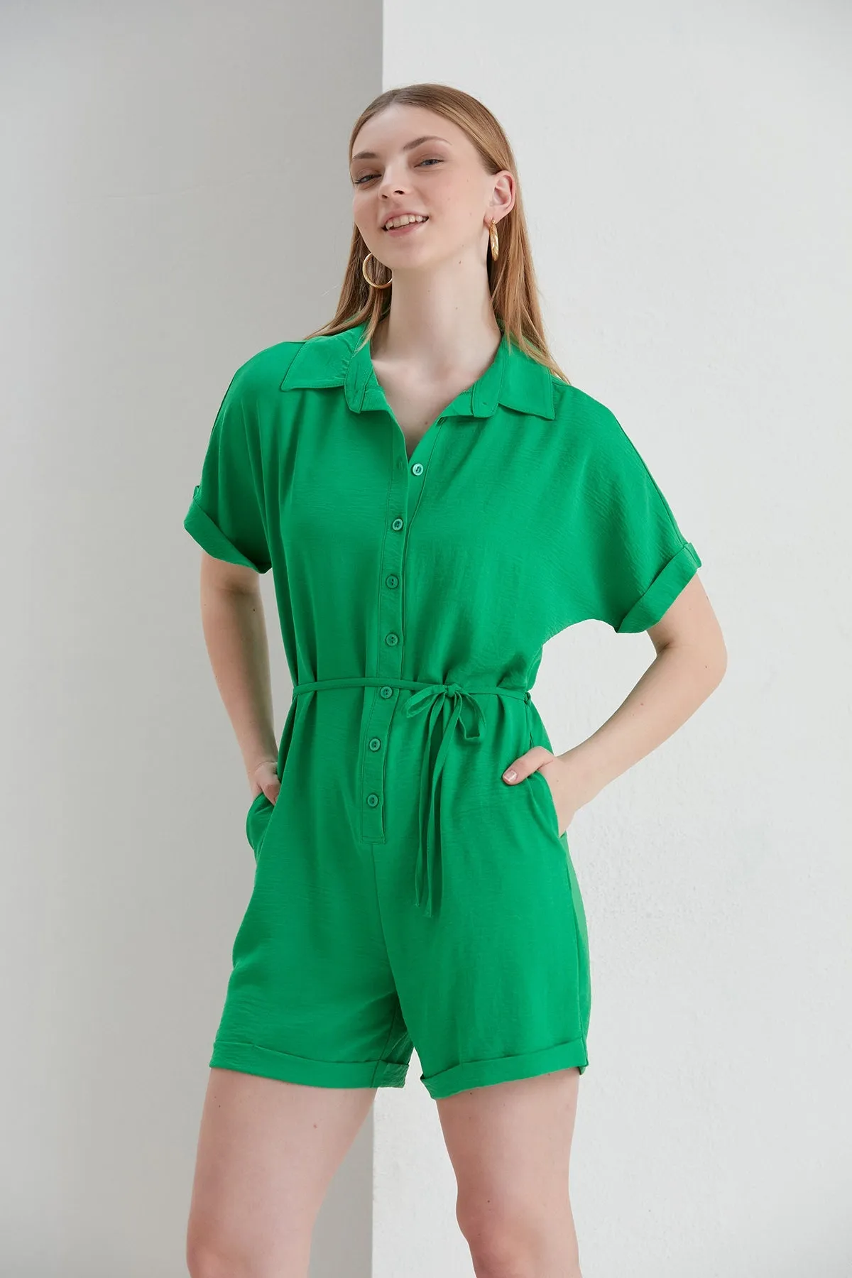 Shirt Wrap Playsuit in Green