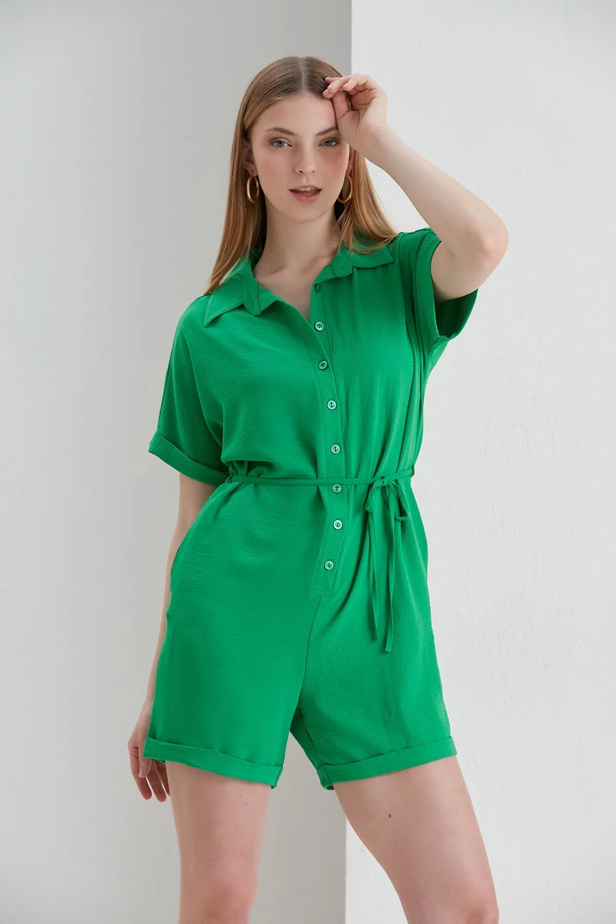 Shirt Wrap Playsuit in Green