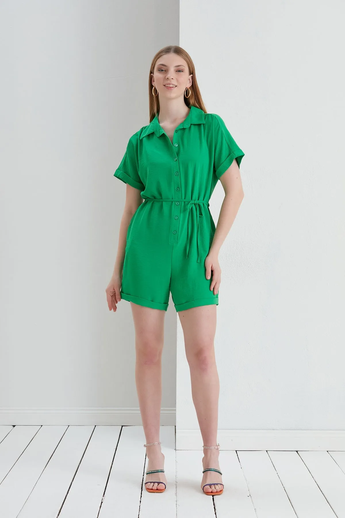 Shirt Wrap Playsuit in Green