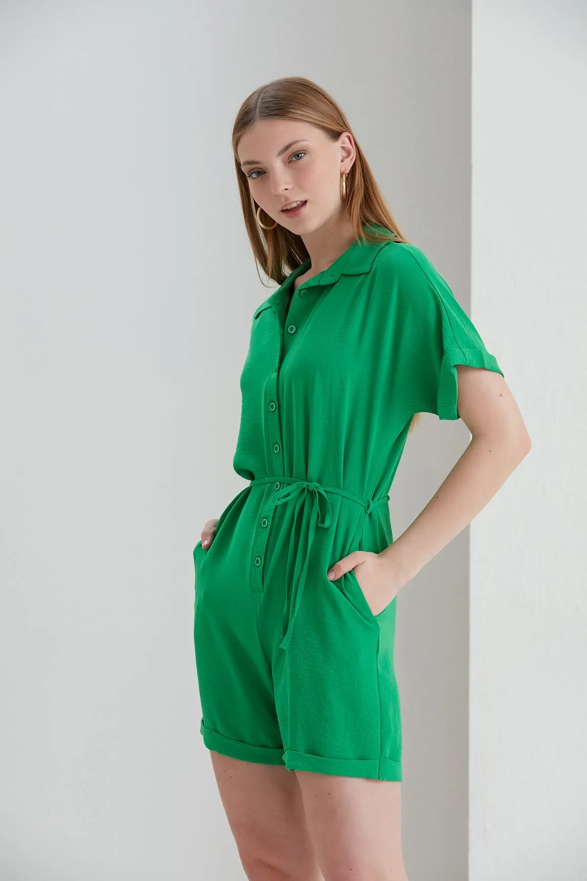 Shirt Wrap Playsuit in Green