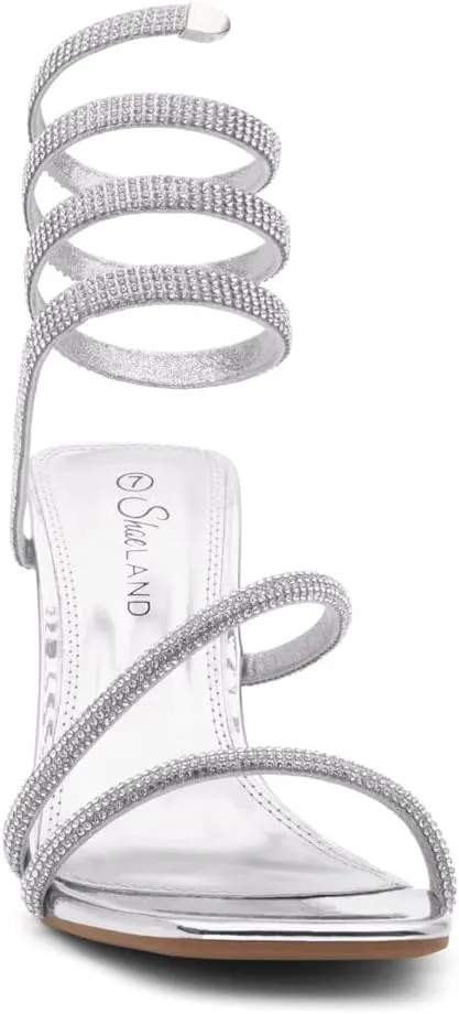 Shoe Land Charming2 Women's Rhinestone Heels, Square Open Toe High Stilettos with Spiral Ankle Wrap Strap  Coil Spiral High Heeled Crystal Dress Sandals for Party