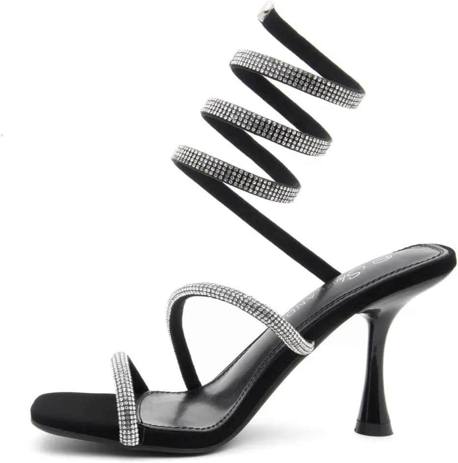 Shoe Land Charming2 Women's Rhinestone Heels, Square Open Toe High Stilettos with Spiral Ankle Wrap Strap  Coil Spiral High Heeled Crystal Dress Sandals for Party