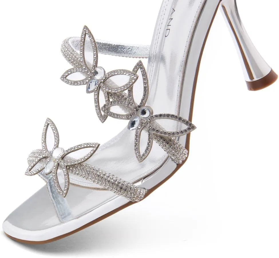 Shoe Land Charming2 Women's Rhinestone Heels, Square Open Toe High Stilettos with Spiral Ankle Wrap Strap  Coil Spiral High Heeled Crystal Dress Sandals for Party