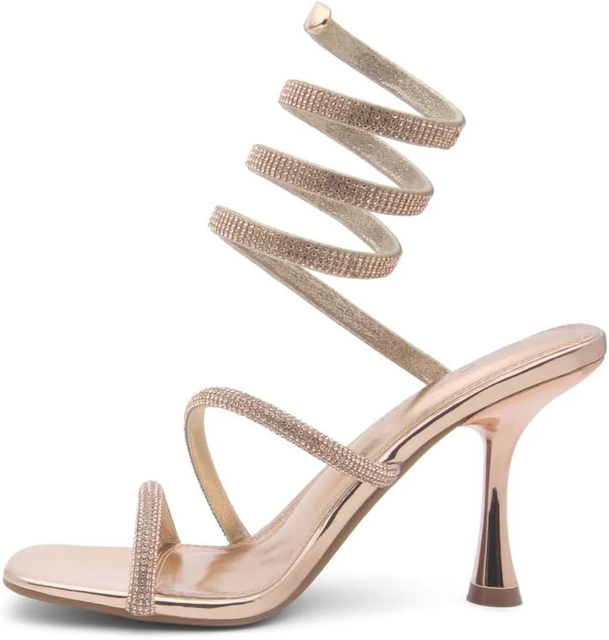 Shoe Land Charming2 Women's Rhinestone Heels, Square Open Toe High Stilettos with Spiral Ankle Wrap Strap  Coil Spiral High Heeled Crystal Dress Sandals for Party