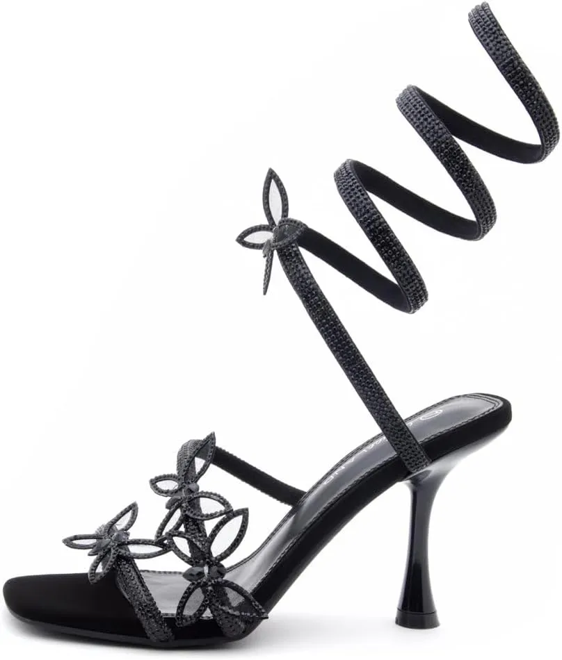 Shoe Land Charming2 Women's Rhinestone Heels, Square Open Toe High Stilettos with Spiral Ankle Wrap Strap  Coil Spiral High Heeled Crystal Dress Sandals for Party