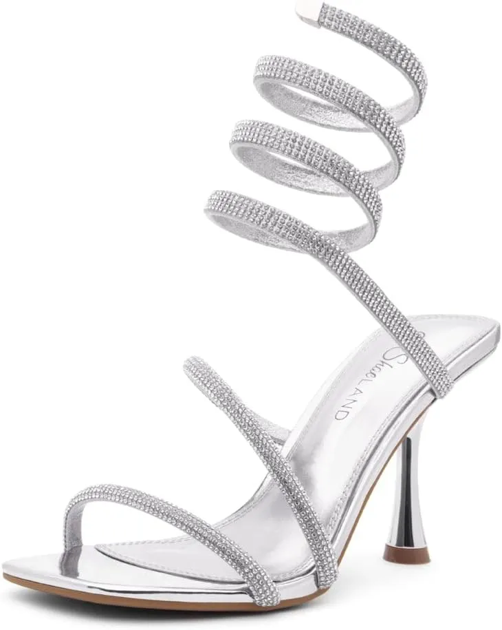 Shoe Land Charming2 Women's Rhinestone Heels, Square Open Toe High Stilettos with Spiral Ankle Wrap Strap  Coil Spiral High Heeled Crystal Dress Sandals for Party