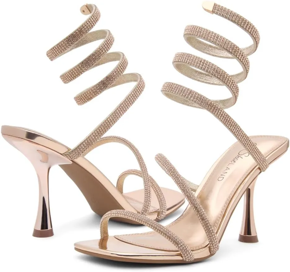 Shoe Land Charming2 Women's Rhinestone Heels, Square Open Toe High Stilettos with Spiral Ankle Wrap Strap  Coil Spiral High Heeled Crystal Dress Sandals for Party