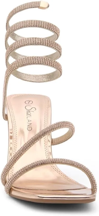 Shoe Land Charming2 Women's Rhinestone Heels, Square Open Toe High Stilettos with Spiral Ankle Wrap Strap  Coil Spiral High Heeled Crystal Dress Sandals for Party