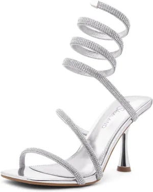 Shoe Land Charming2 Women's Rhinestone Heels, Square Open Toe High Stilettos with Spiral Ankle Wrap Strap  Coil Spiral High Heeled Crystal Dress Sandals for Party