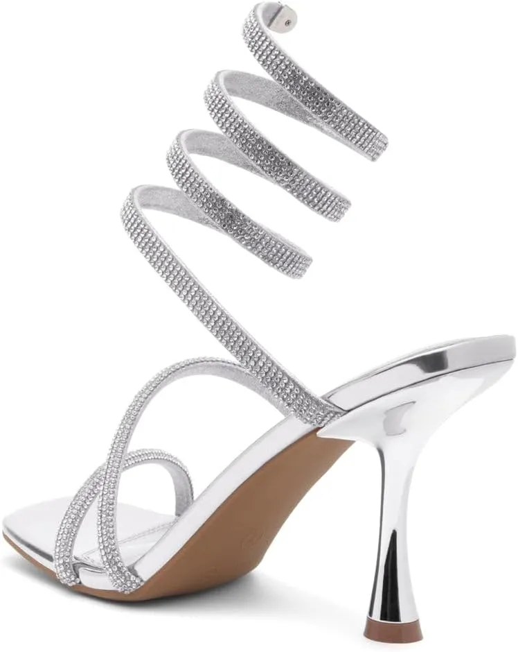 Shoe Land Charming2 Women's Rhinestone Heels, Square Open Toe High Stilettos with Spiral Ankle Wrap Strap  Coil Spiral High Heeled Crystal Dress Sandals for Party