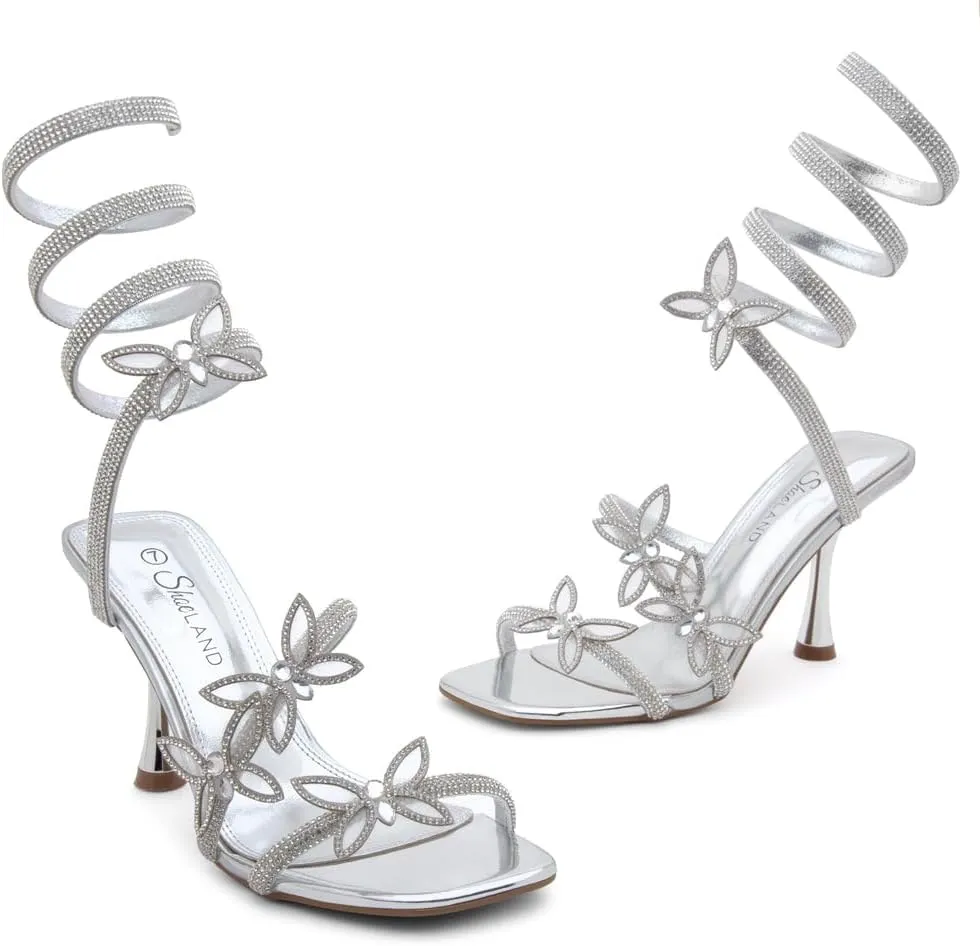 Shoe Land Charming2 Women's Rhinestone Heels, Square Open Toe High Stilettos with Spiral Ankle Wrap Strap  Coil Spiral High Heeled Crystal Dress Sandals for Party