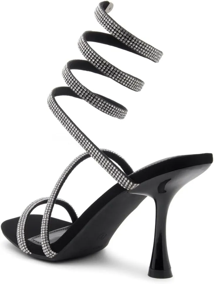Shoe Land Charming2 Women's Rhinestone Heels, Square Open Toe High Stilettos with Spiral Ankle Wrap Strap  Coil Spiral High Heeled Crystal Dress Sandals for Party
