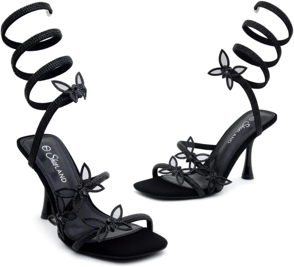 Shoe Land Charming2 Women's Rhinestone Heels, Square Open Toe High Stilettos with Spiral Ankle Wrap Strap  Coil Spiral High Heeled Crystal Dress Sandals for Party