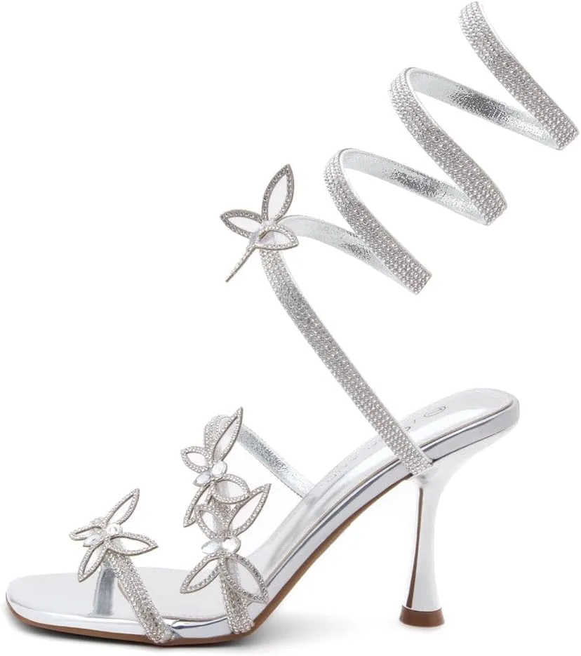 Shoe Land Charming2 Women's Rhinestone Heels, Square Open Toe High Stilettos with Spiral Ankle Wrap Strap  Coil Spiral High Heeled Crystal Dress Sandals for Party