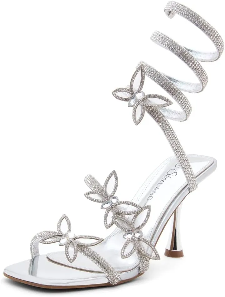 Shoe Land Charming2 Women's Rhinestone Heels, Square Open Toe High Stilettos with Spiral Ankle Wrap Strap  Coil Spiral High Heeled Crystal Dress Sandals for Party
