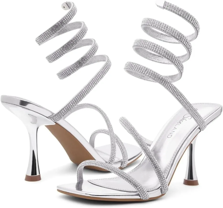 Shoe Land Charming2 Women's Rhinestone Heels, Square Open Toe High Stilettos with Spiral Ankle Wrap Strap  Coil Spiral High Heeled Crystal Dress Sandals for Party