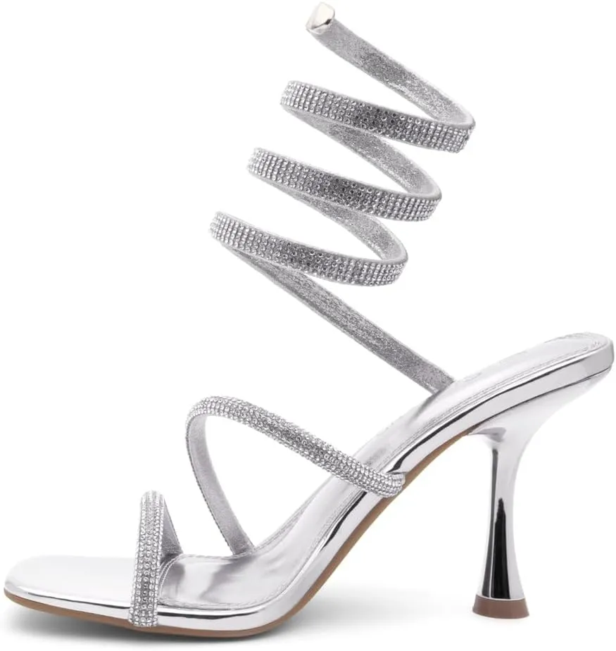 Shoe Land Charming2 Women's Rhinestone Heels, Square Open Toe High Stilettos with Spiral Ankle Wrap Strap  Coil Spiral High Heeled Crystal Dress Sandals for Party