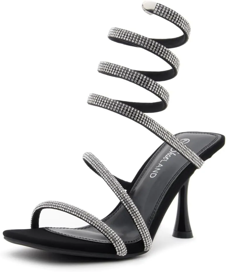 Shoe Land Charming2 Women's Rhinestone Heels, Square Open Toe High Stilettos with Spiral Ankle Wrap Strap  Coil Spiral High Heeled Crystal Dress Sandals for Party