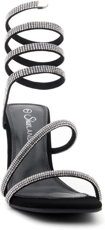 Shoe Land Charming2 Women's Rhinestone Heels, Square Open Toe High Stilettos with Spiral Ankle Wrap Strap  Coil Spiral High Heeled Crystal Dress Sandals for Party